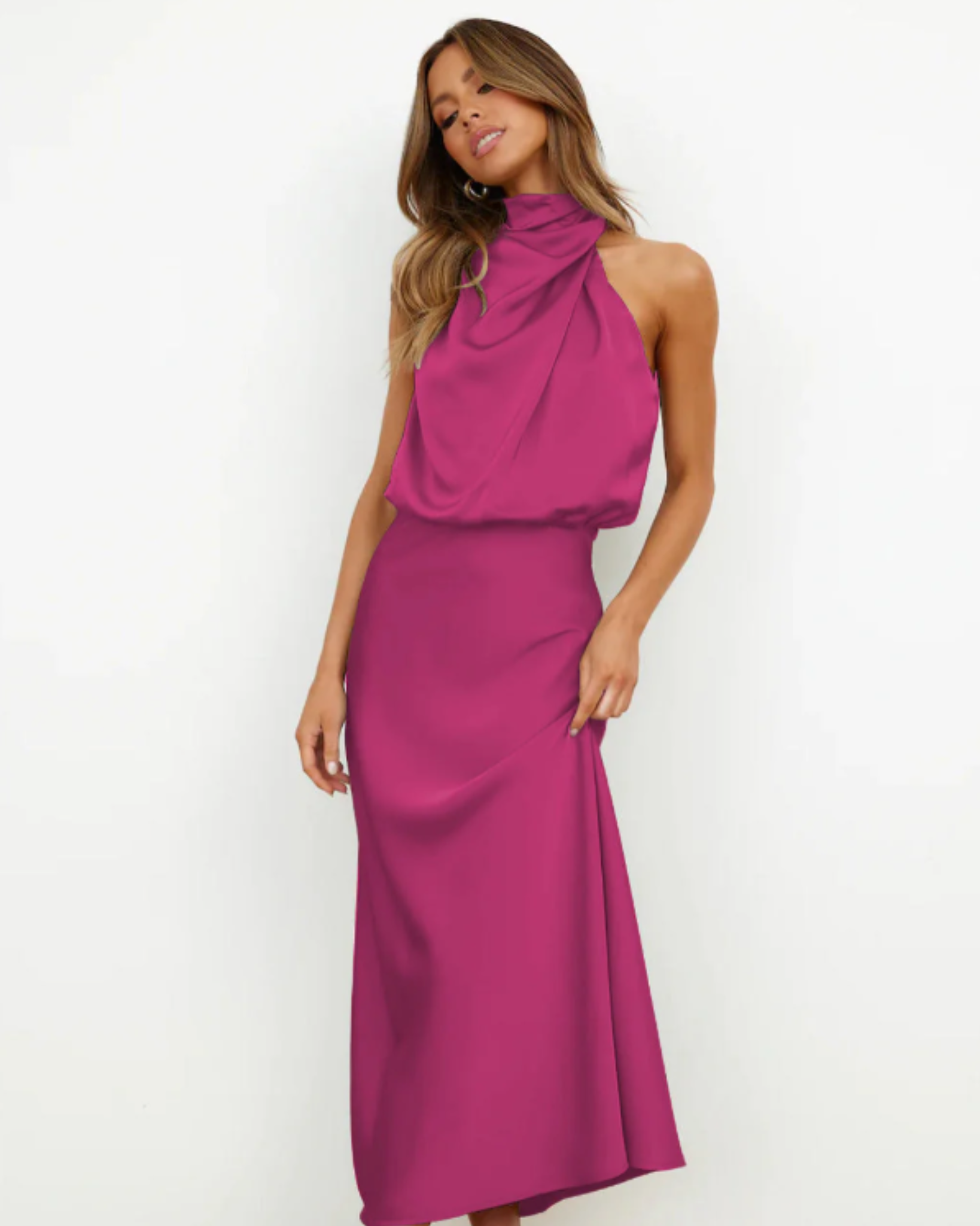 Lara Draped Halter Satin Midi Dress