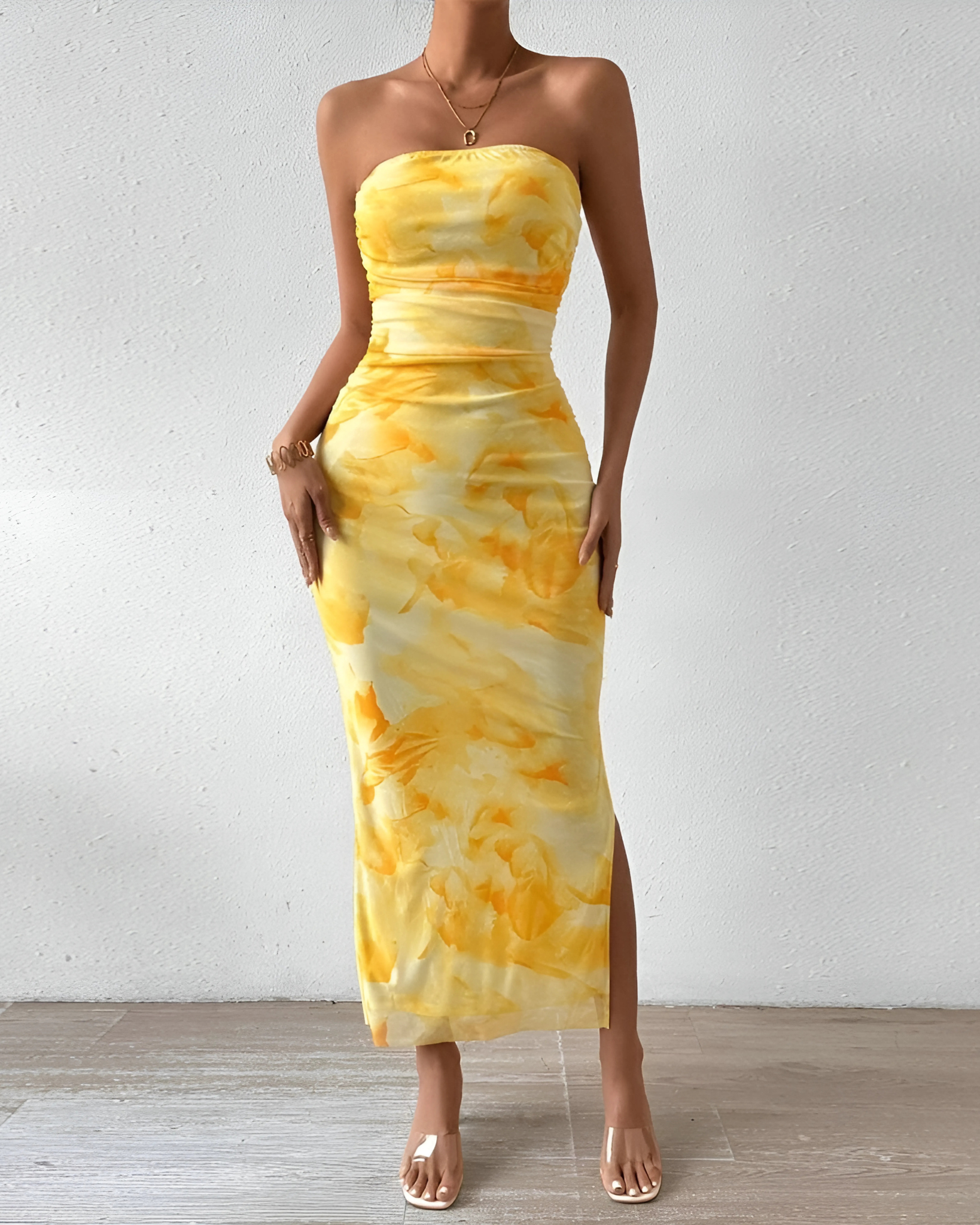 The Soleil Strapless Mesh Dress