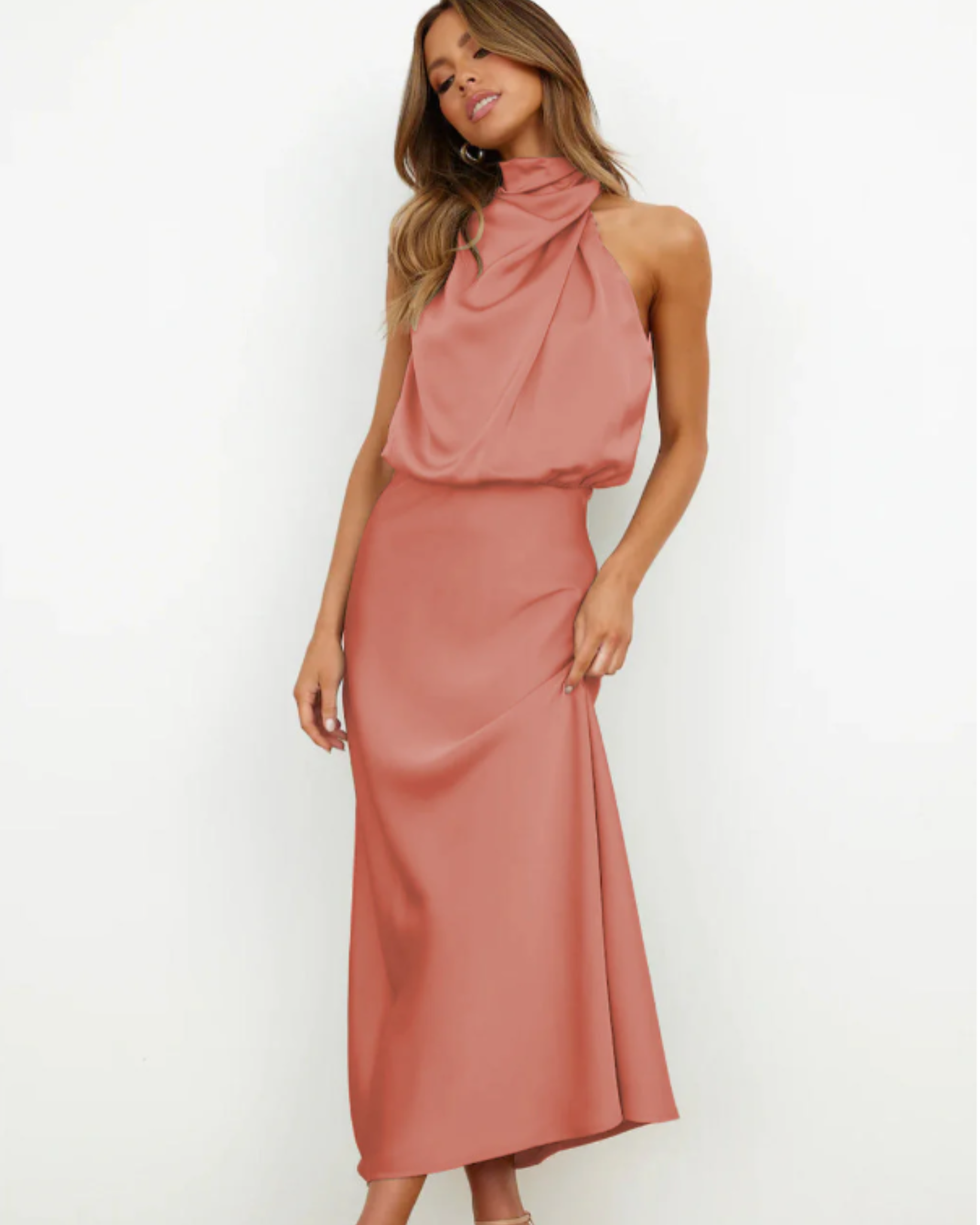 Lara Draped Halter Satin Midi Dress